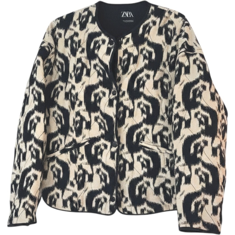 Zara Quilted Ikat Print Jacket Black Cream Abstract Snap Front Pockets Womens M